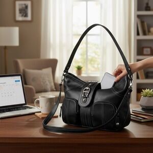 Aigner‎ Womens Vintage Black Leather Shoulder Bag Baguette Flap Top  Purse